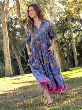 Bohemian Floral Tiered Maxi Dress - Blue & Pink